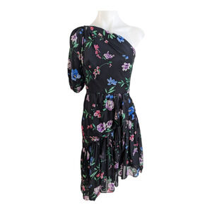 Shoshanna Size 0 Gia One Shoulder Shift Dress Black Floral Ruffle Asymmetric Hem